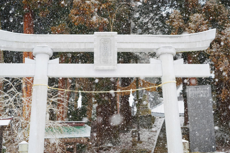 大粒の雪が降ってきました。守田神社（1/4）